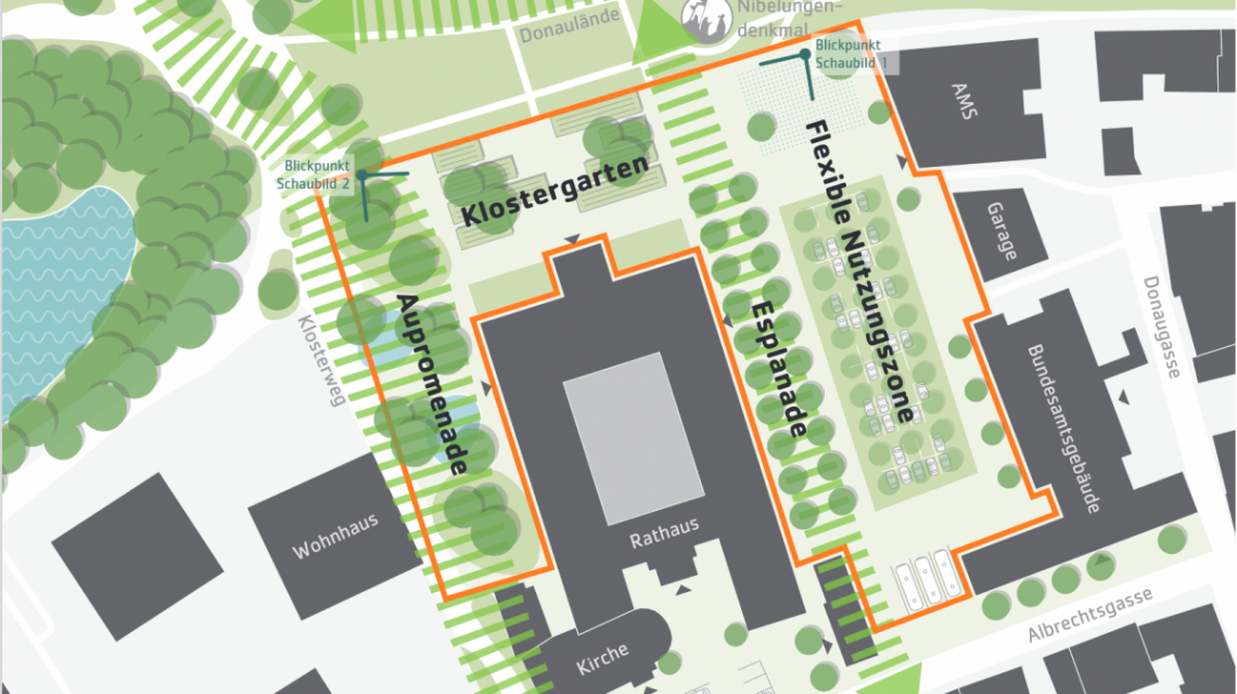 In der gewählten Variante spannt sich die gegrünte Fläche um das Rathaus. Rechts vom Rathaus liegt die große flexible Nutzungszone (mit Stellplätzen). Am Gebäude angrenzend liegen die lang gezogenen Esplanada (rechts) und die Aupromenade (links).