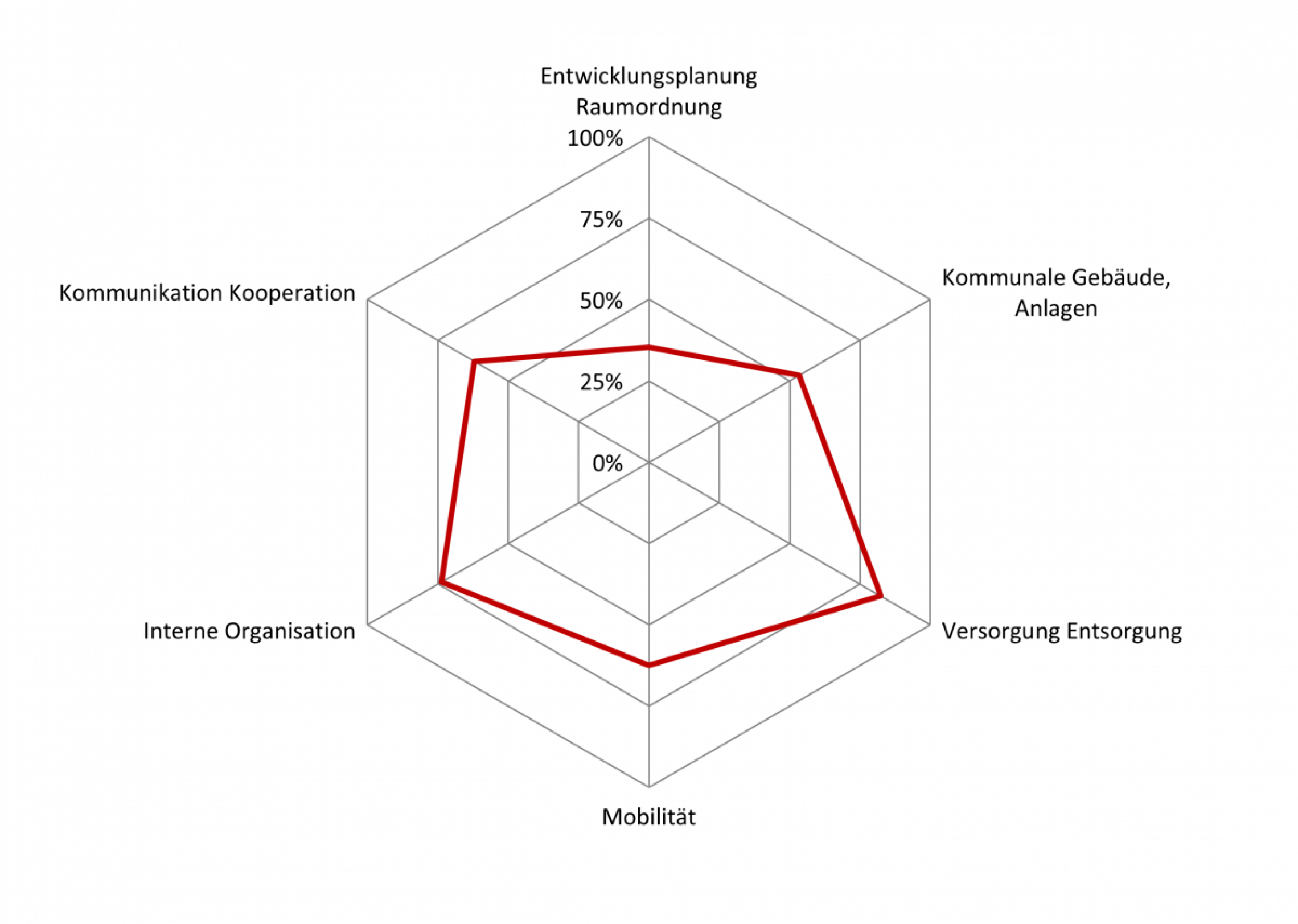 Grafische Darstellung des Erfüllungsgrad nach Handlungsfeldern in Form eines Spinnendiagramms