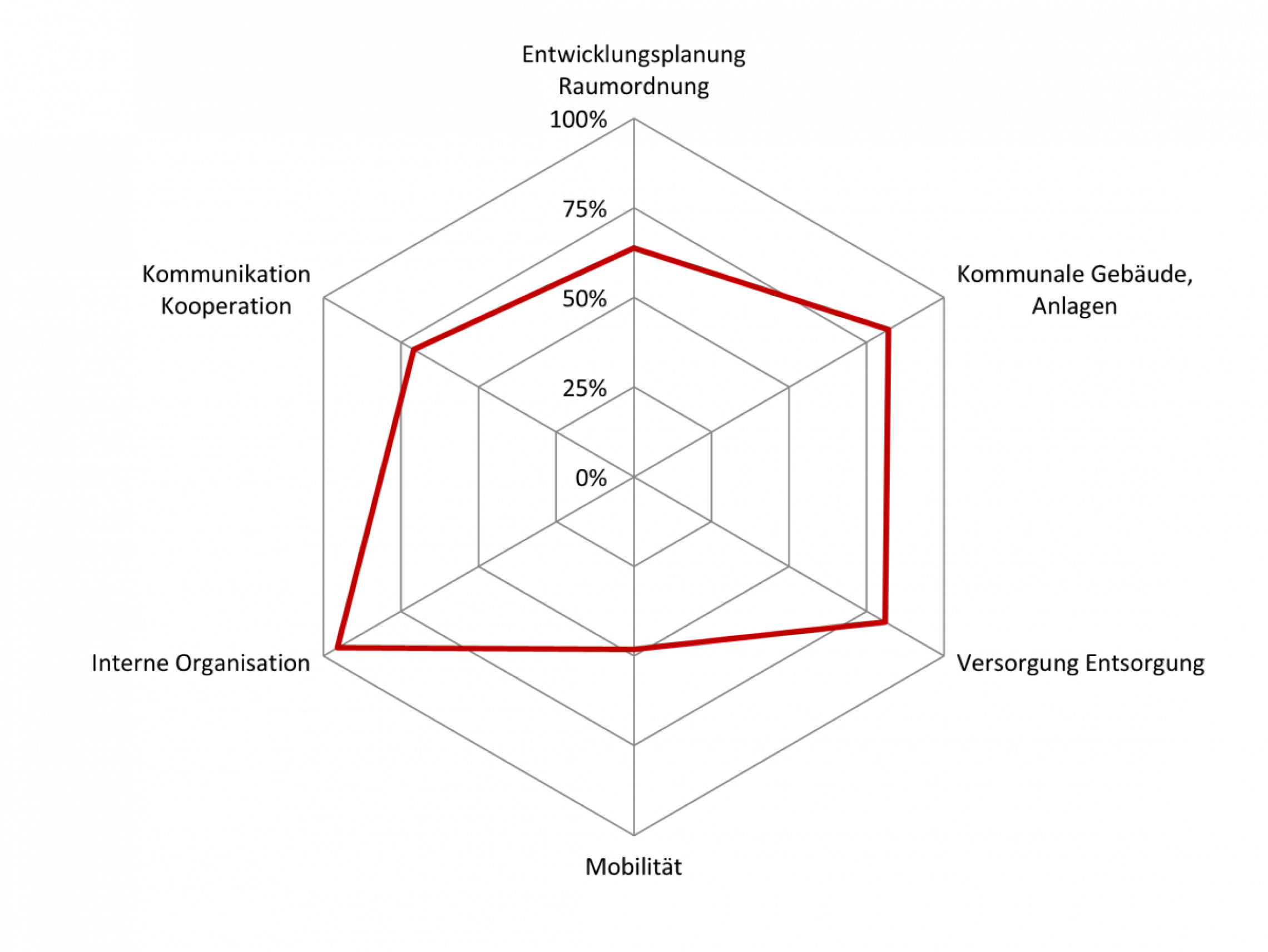 Grafische Darstellung des Erfüllungsgrad nach Handlungsfeldern in Form eines Spinnendiagramms