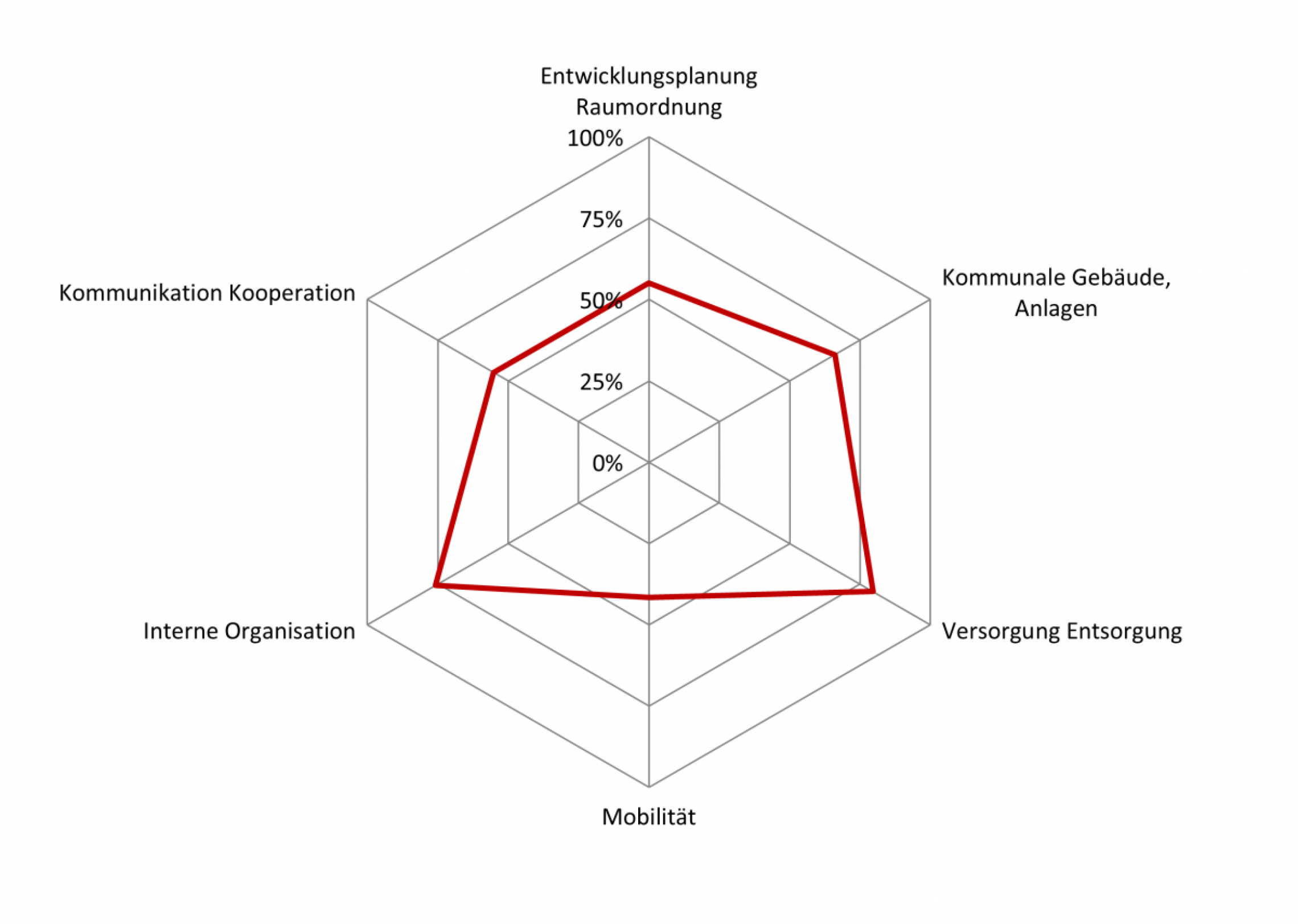 Grafische Darstellung des Erfüllungsgrad nach Handlungsfeldern in Form eines Spinnendiagramms