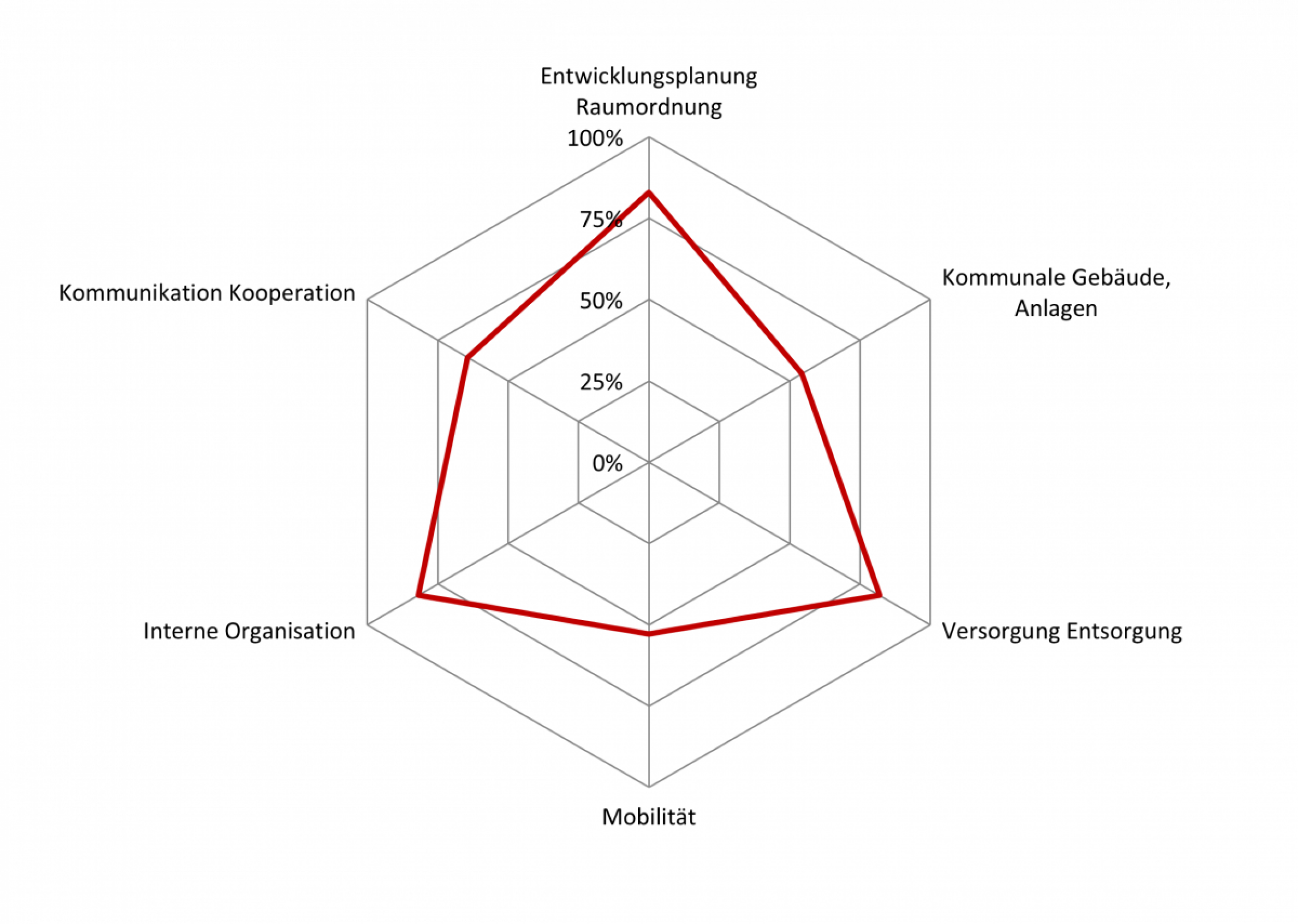 Grafische Darstellung des Erfüllungsgrad nach Handlungsfeldern in Form eines Spinnendiagramms