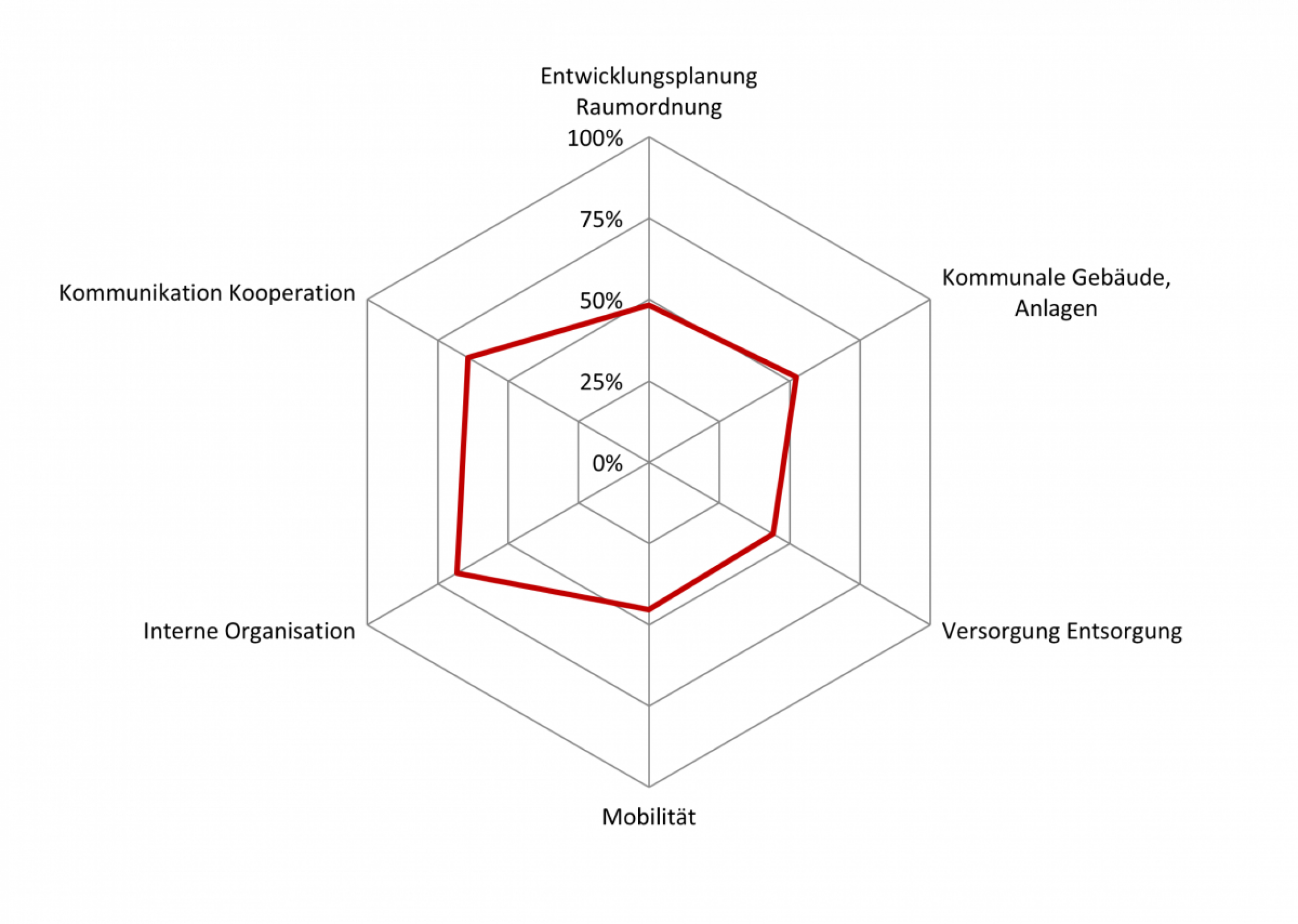 Grafische Darstellung des Erfüllungsgrad nach Handlungsfeldern in Form eines Spinnendiagramms