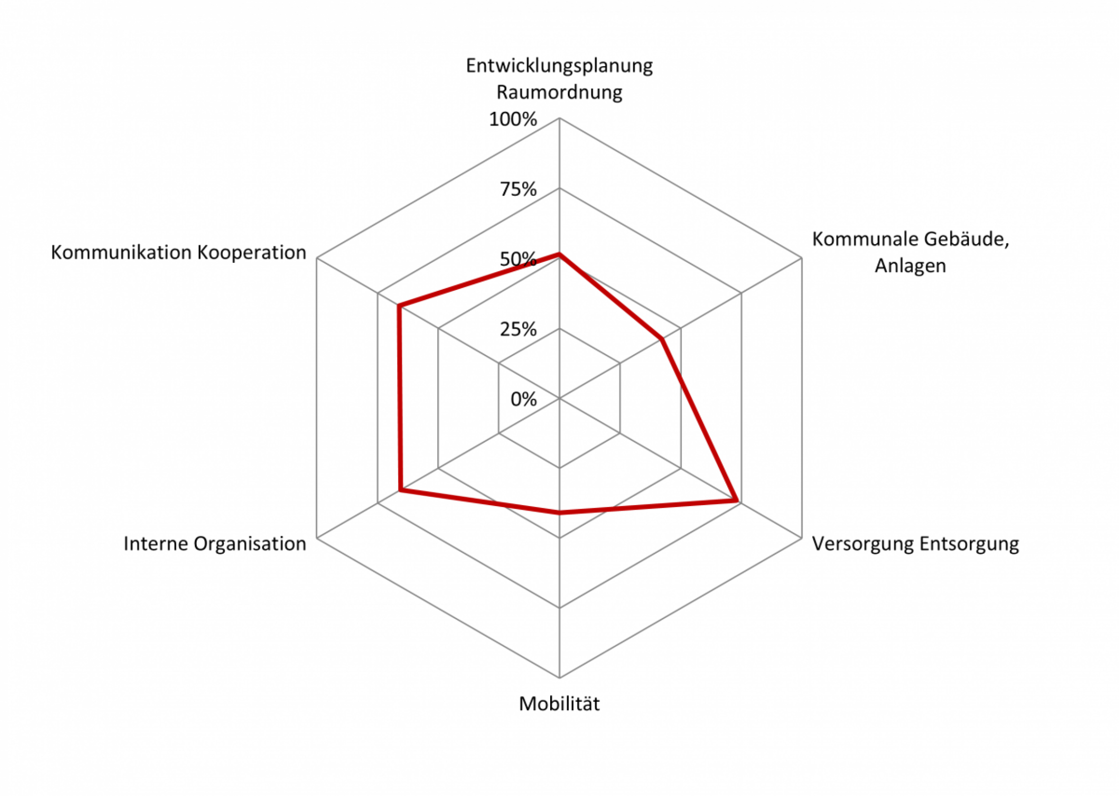 Grafische Darstellung des Erfüllungsgrad nach Handlungsfeldern in Form eines Spinnendiagramms