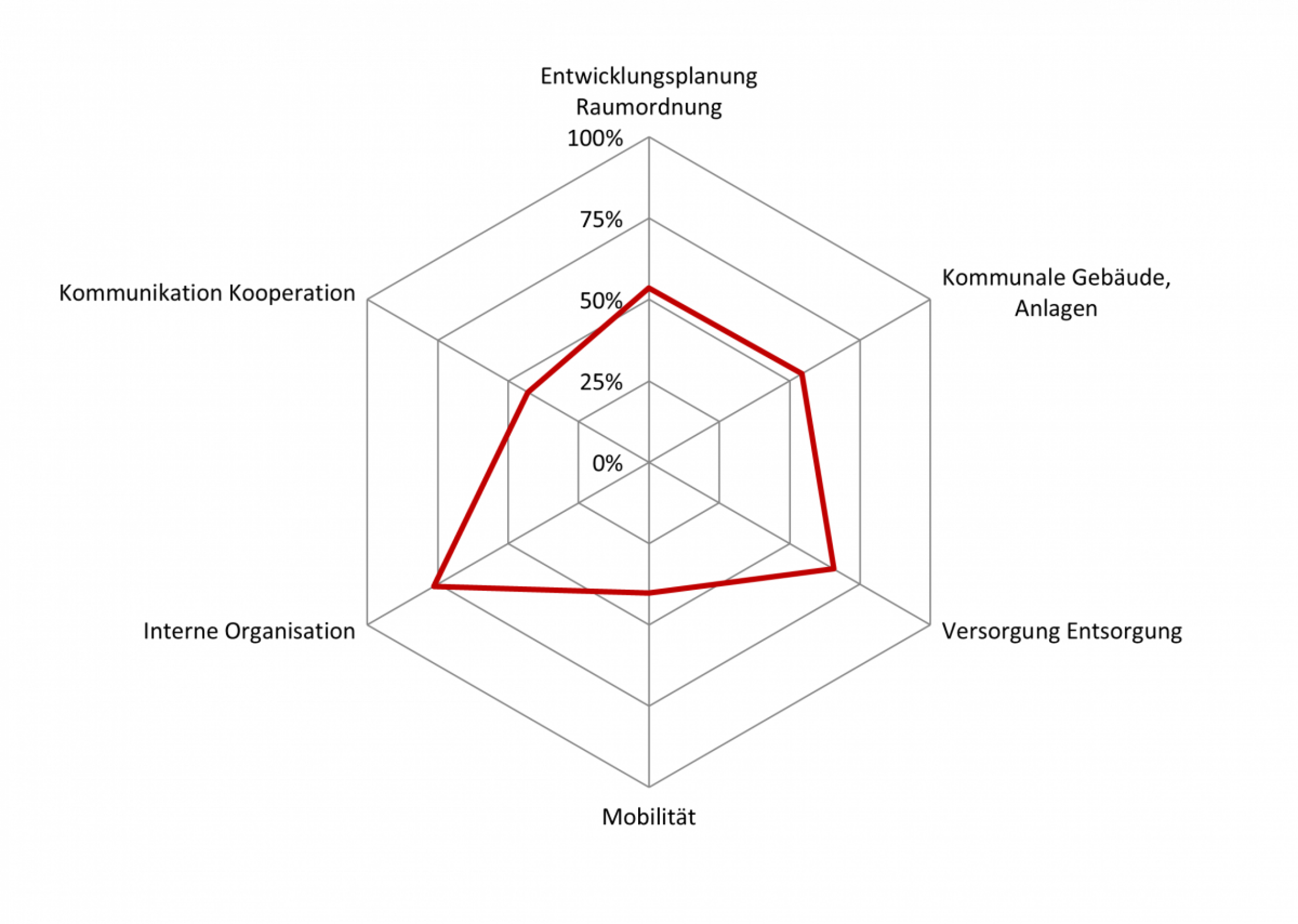 Grafische Darstellung des Erfüllungsgrad nach Handlungsfeldern in Form eines Spinnendiagramms