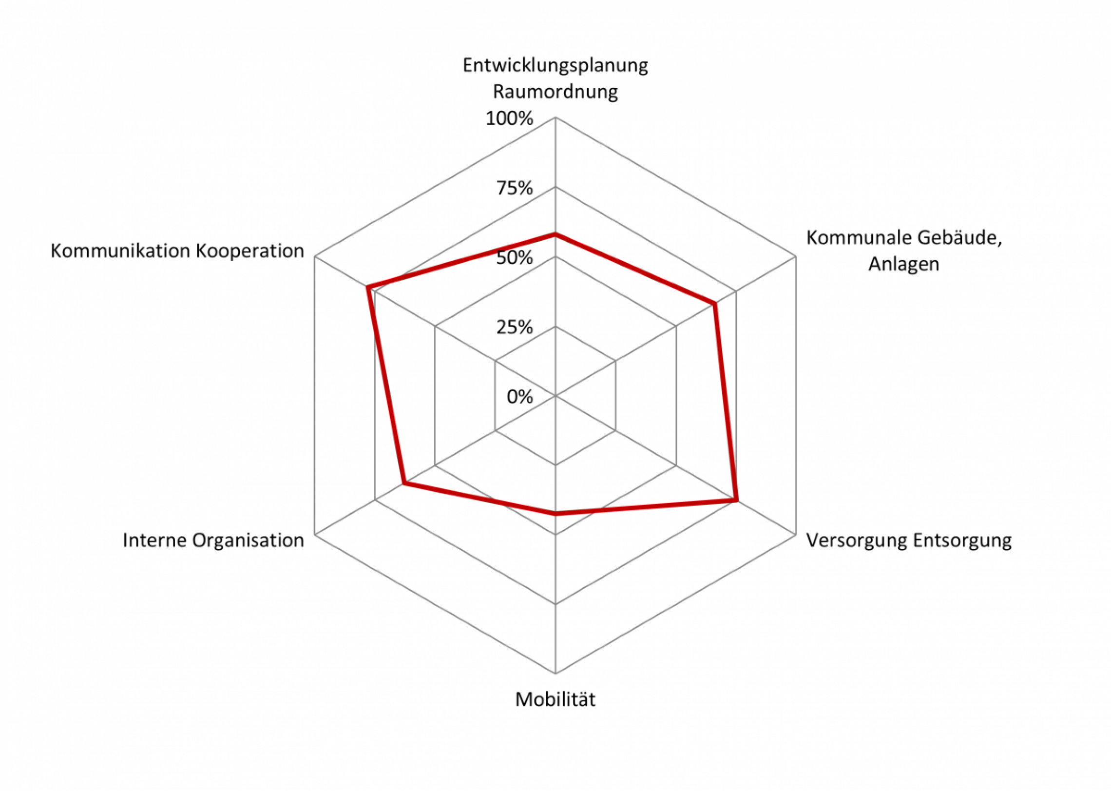 Grafische Darstellung des Erfüllungsgrad nach Handlungsfeldern in form eines Spinnendiagramms