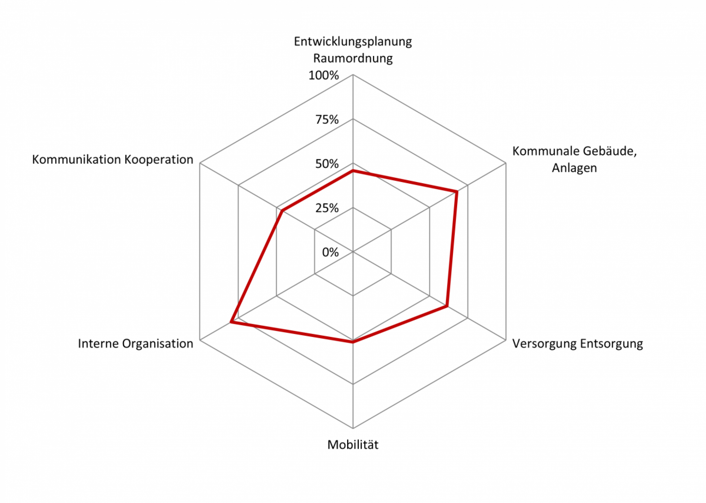 Grafische Darstellung des Erfüllungsgrad nach Handlungsfeldern in Form eines Spinnendiagramms